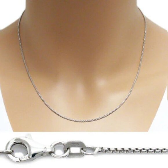 STERLING SILVER RHODIUM FINISH ROUND BOX CHAIN NECKLACE IN 1MM (GAUGE 100). - Picture 1 of 1